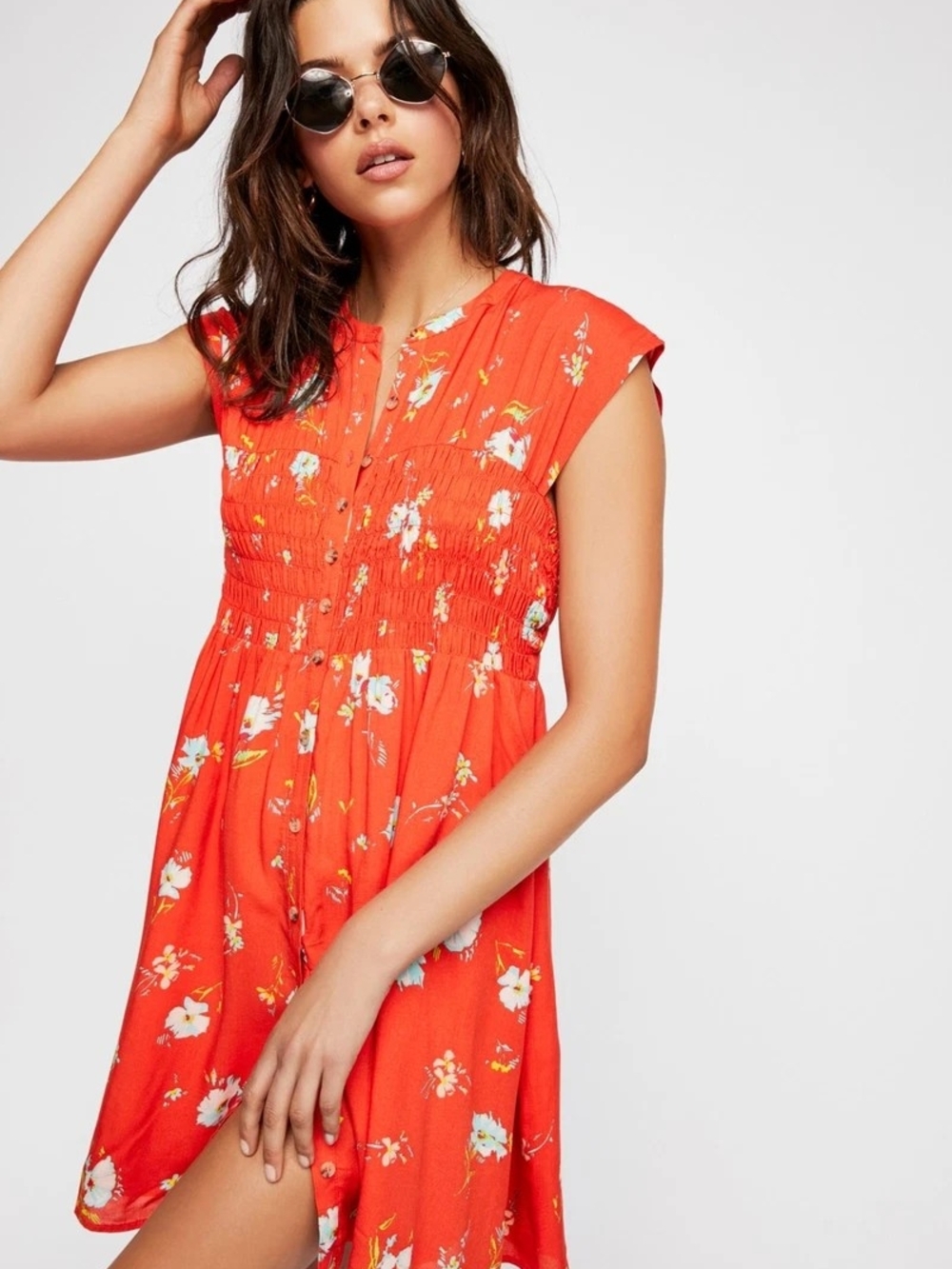 Free People Coral Red Floral Smocked Mini Dress Large